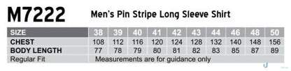 Men’s shirt size chart for Winning Spirit Pinstripe LS Shirt with convenient chest pocket
