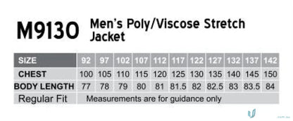 Men’s poly viscose stretch jacket size chart for Winning Spirit PolyViscose Stretch Jacket