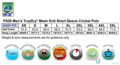 Men’s polo shirt size chart for Winning Spirit SS Cricket Polo with moisture-wicking tech