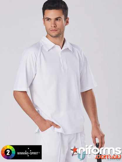 White short-sleeved ps29 cricket polo with winning spirit truedry moisture-wicking tech