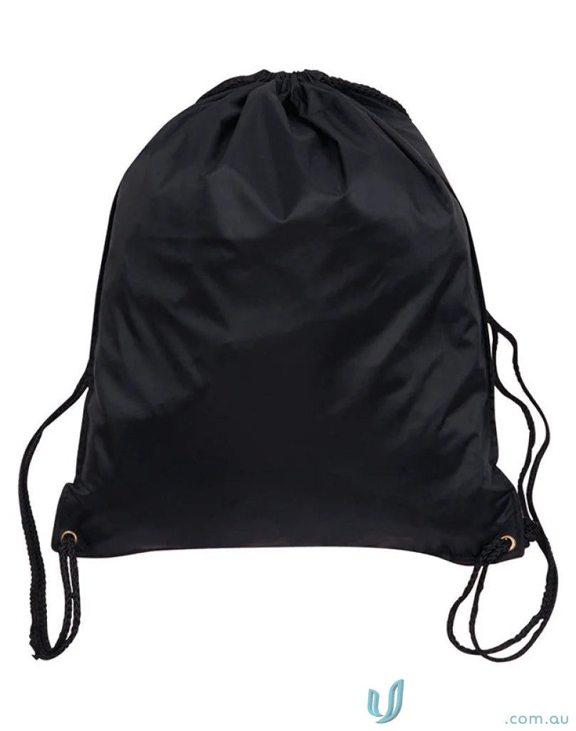 Black drawstring backpack from Winning Spirit Swim Backpack with b4112 reinforced metal eyelets in 210d nylon