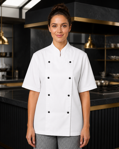 Winning Spirit Traditional short sleeve chef jacket in white with black stud buttons
