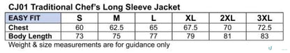 Size chart for Winning Spirit Traditional chefs jacket for culinary professionals