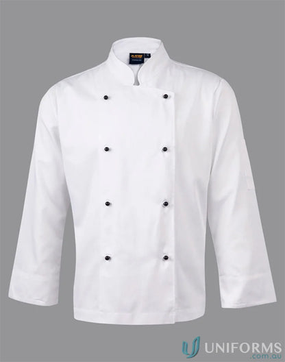 White long-sleeved chefs jacket with black buttons from Winning Spirit Traditional for culinary pros