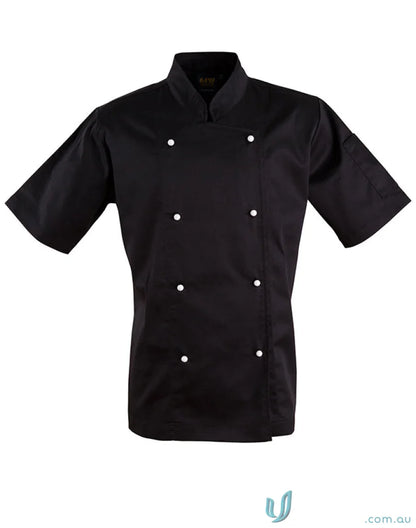 Black chefs jacket with white buttons from Winning Spirit Traditional short sleeve chefs collection