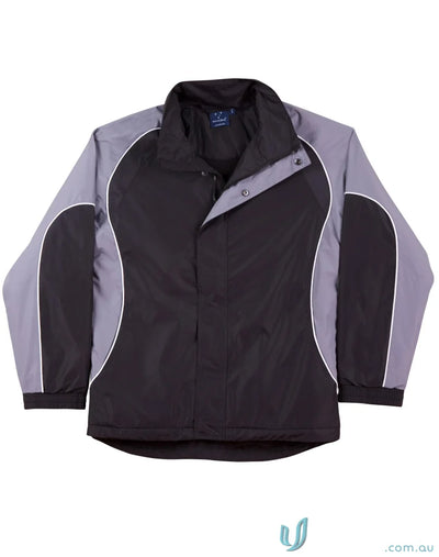 Black and gray Winning Spirit Unisex Arena Jacket with elasticated adjustable cuffs and jk77 arena style