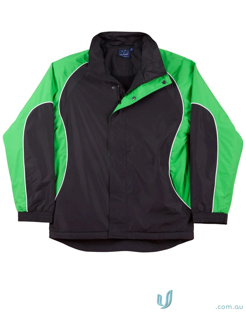 Black and green Winning Spirit Unisex Arena Jacket with white trim and elasticated adjustable cuffs