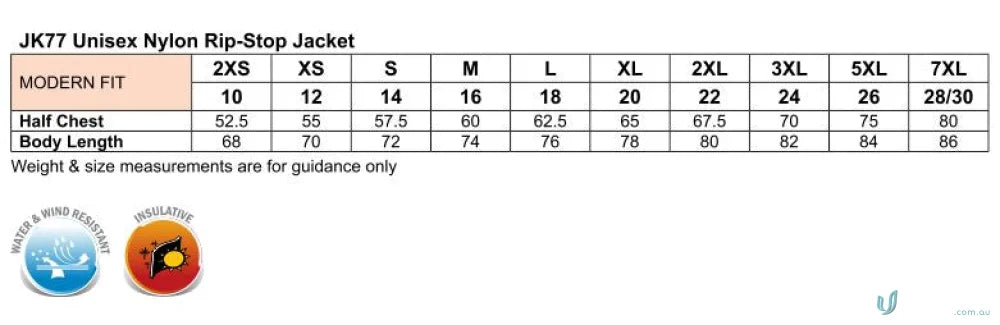 Unisex nylon rip-stop jacket size chart for Winning Spirit Unisex Arena Jacket with elasticated adjustable cuffs