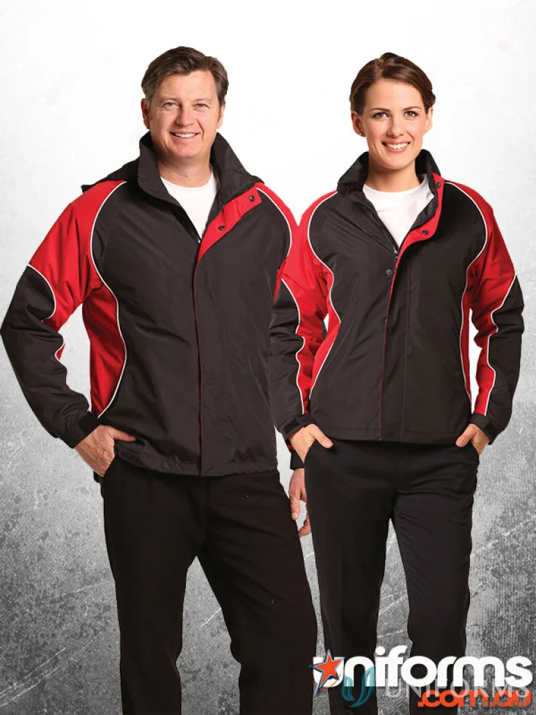 Matching red and black rain jackets for jk77 Arena featuring Winning Spirit Unisex with elasticated adjustable cuffs