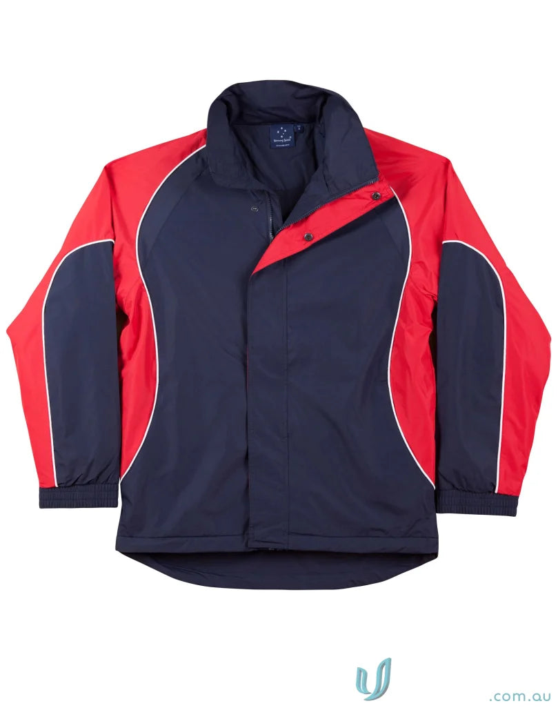 Red and navy blue Winning Spirit Unisex Arena Jacket with elasticated adjustable cuffs and jk77 arena style