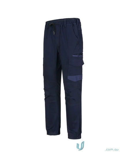 Navy blue cuffed work pants in stretch drill cotton for unisex comfort