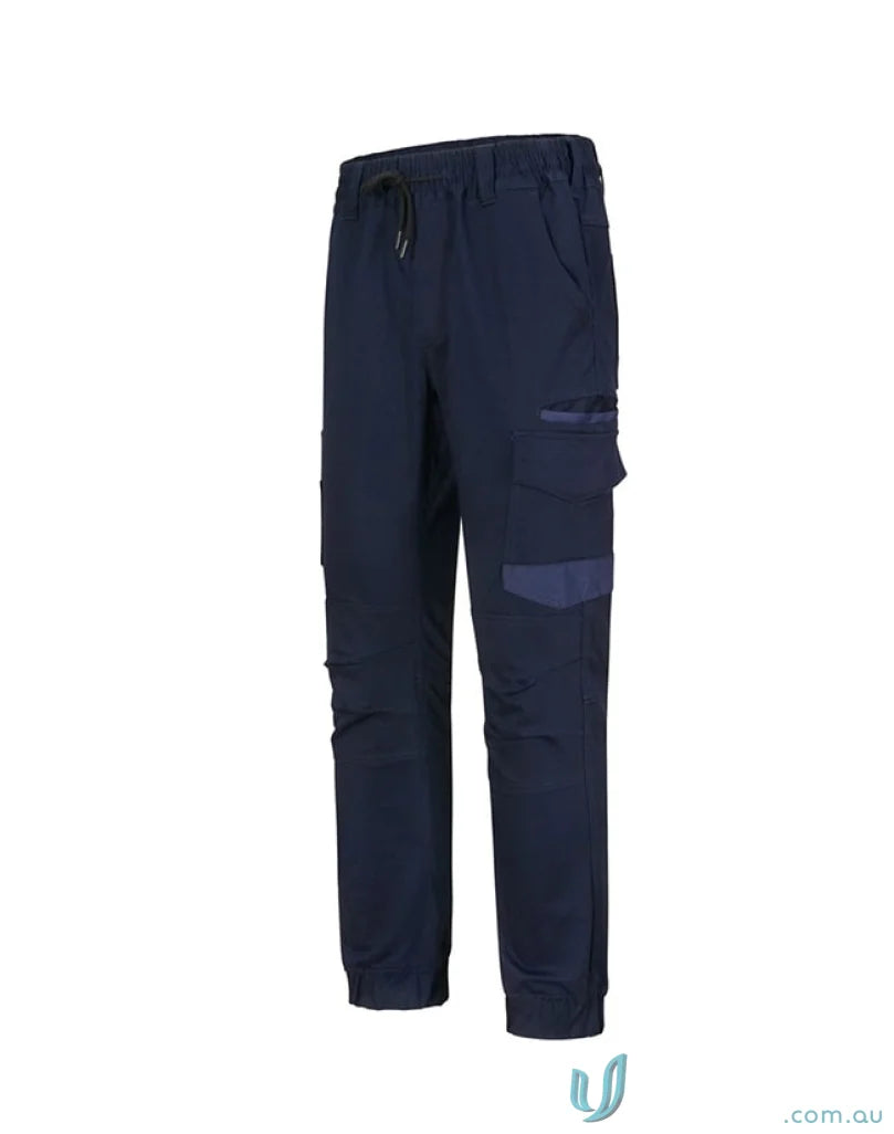 Navy blue cuffed work pants in stretch drill cotton for unisex comfort