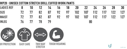 Work pants sizing chart showing features of Winning Spirit Unisex Cotton Stretch Drill Cuffed Work Pants