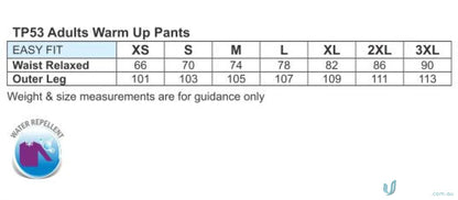 Size chart for Winning Spirit Legend Warm Unisex Workwear Pants TP53 Legend style