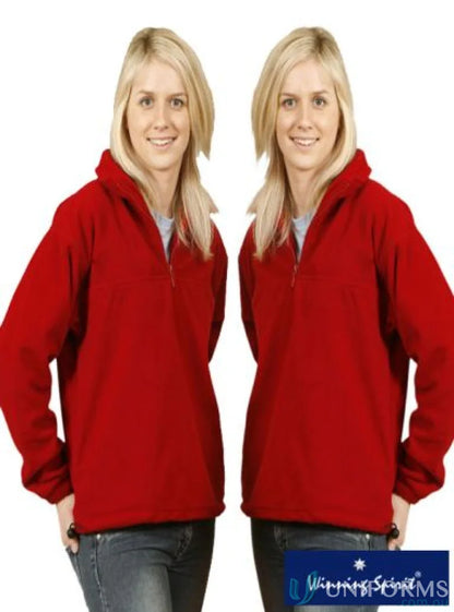 Two blonde women in red Winning Spirit Unisex Buller Half Zip Polar Jumpers