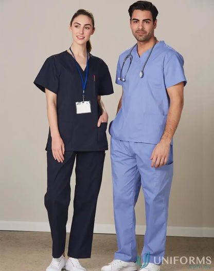 Healthcare professionals wearing Winning Spirit Unisex Scrub Pants in navy and light blue