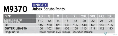 Unisex scrubs pants size chart for Winning Spirit Unisex Scrub M9370 for healthcare pros