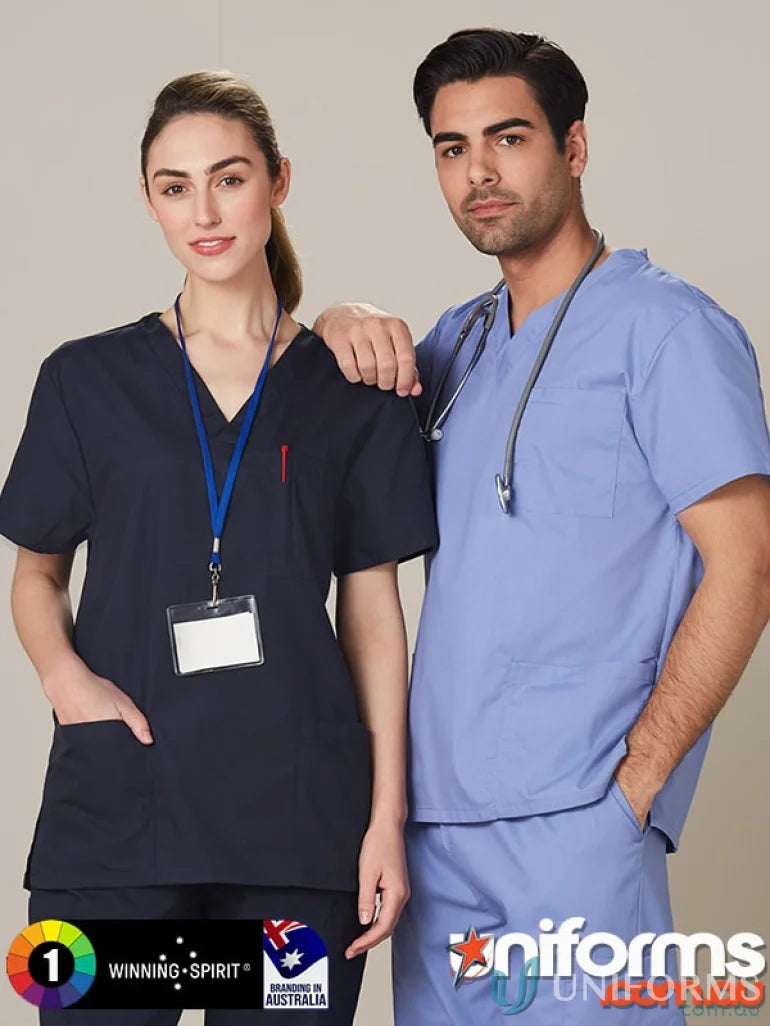 Medical models wearing Winning Spirit Unisex Scrub Top with left chest pocket m7630 unisex scrub