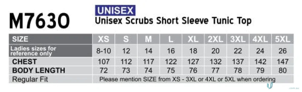Unisex Scrubs Short Sleeve Tunic Top with Left Chest Pocket Size Chart for Winning Spirit Unisex M7630