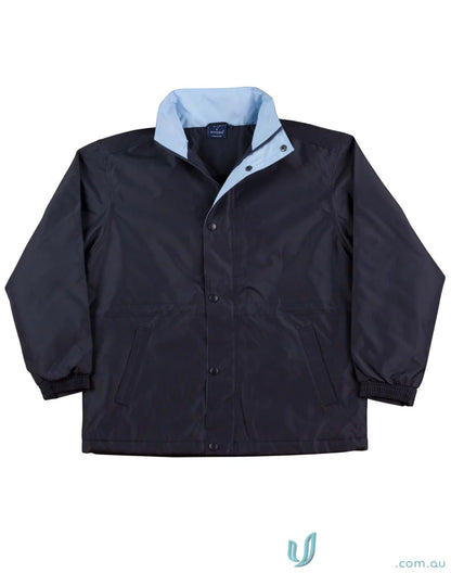 Black Winning Spirit Unisex Stadium Jacket with light blue collar, jk01 stadium jacket style