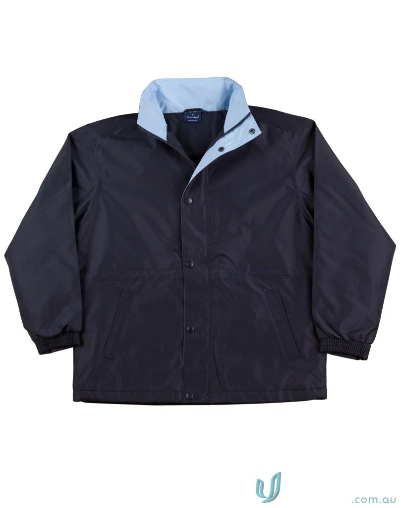 Black Winning Spirit Unisex Stadium Jacket with light blue collar, jk01 stadium jacket style