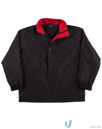 Winning Spirit Unisex Stadium Jacket featuring black color with red collar, jk01 stadium jacket style, water-repellent oxford shell workwear solution