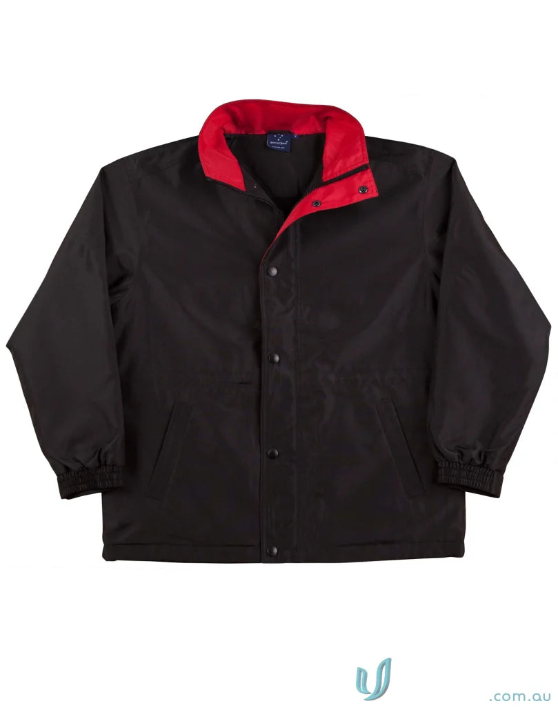 Winning Spirit Unisex Stadium Jacket featuring black color with red collar, jk01 stadium jacket style, water-repellent oxford shell workwear solution