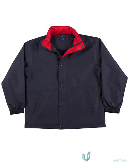 Navy blue Winning Spirit JK01 Stadium Jacket with red collar, water-repellent oxford shell