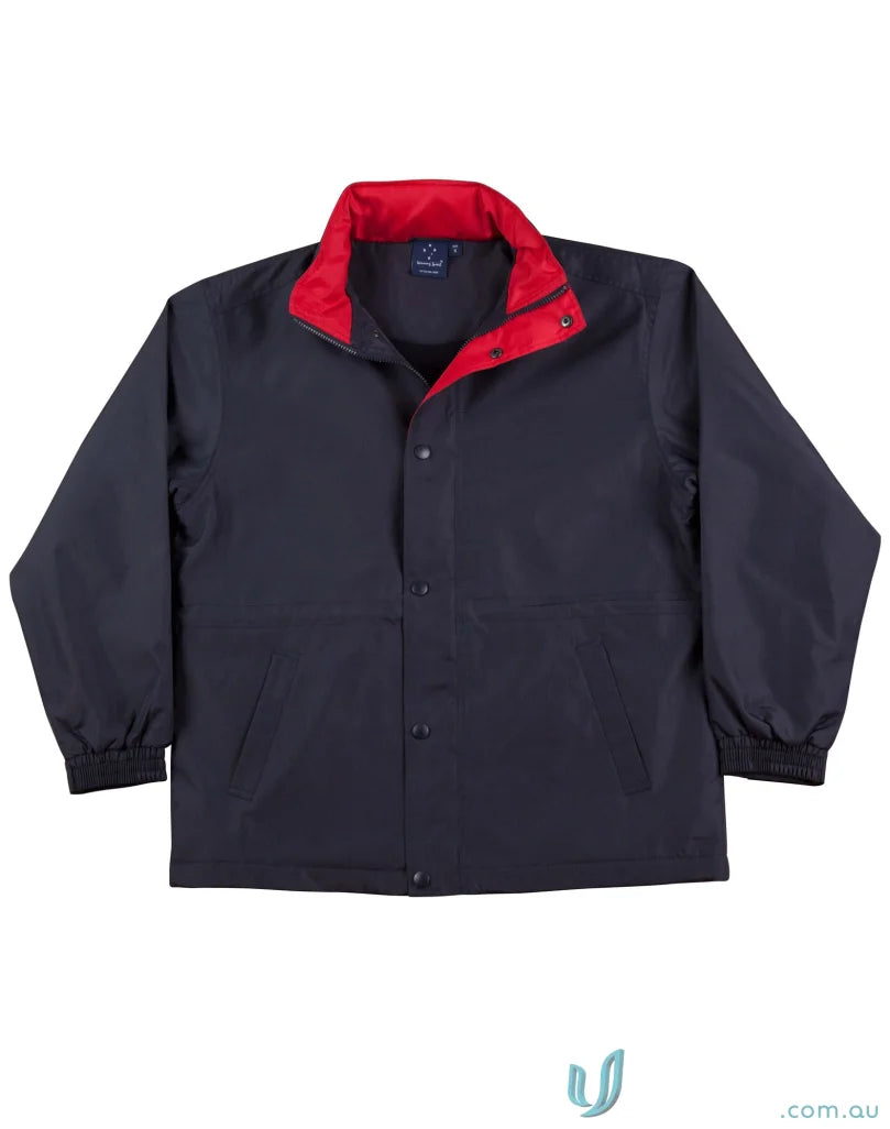 Navy blue Winning Spirit JK01 Stadium Jacket with red collar, water-repellent oxford shell