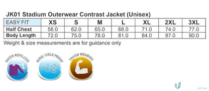 Jacket size chart and features of Winning Spirit Unisex Stadium Jacket with water-repellent oxford shell