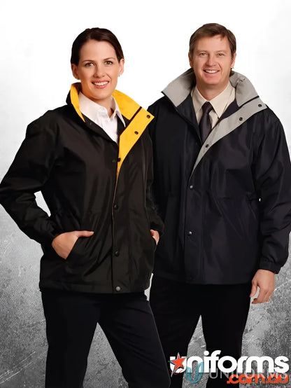 Two people in black Winning Spirit Unisex Stadium Jackets made from jk01 stadium jacket water-repellent oxford shell, perfect workwear solution