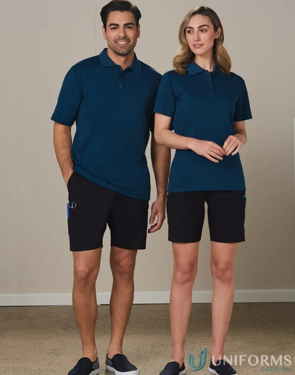 Matching teal polo shirts and black shorts for men and women in Winning Spirit Utility Cargo style