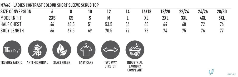 Ladies scrub top size chart with fabric info for Winning Spirit V-Neck Contrast Scrub Top