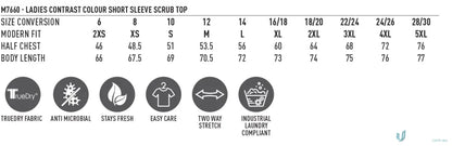 Ladies scrub top size chart with fabric info for Winning Spirit V-Neck Contrast Scrub Top