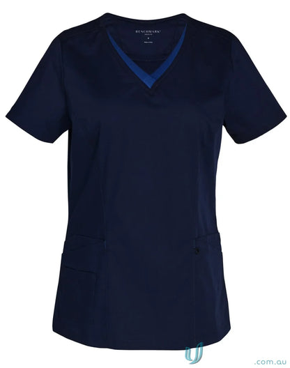 Navy blue Winning Spirit V-Neck Contrast Trim Scrub Top with permanent anti-microbial features