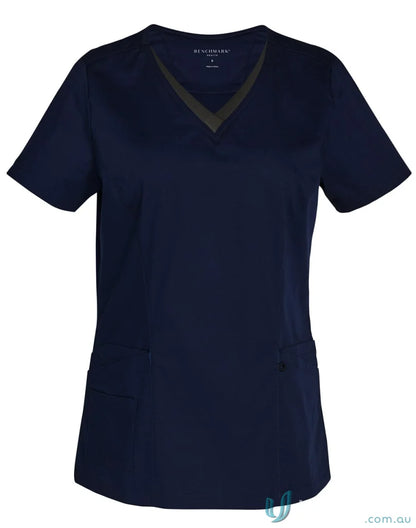 Navy blue Winning Spirit V-Neck Contrast Trim Scrub Top with permanent anti-microbial features