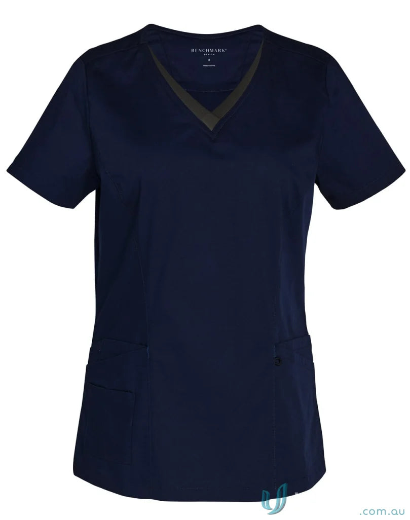 Navy blue Winning Spirit V-Neck Contrast Trim Scrub Top with permanent anti-microbial features