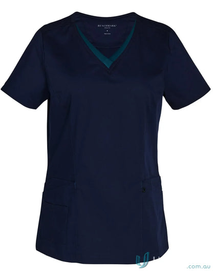 Navy blue spirit v-neck contrast scrub top with green trim and permanent anti-microbial finish