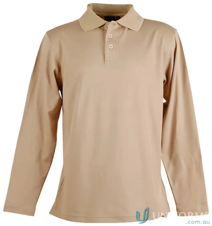 Tan long-sleeved polo shirt from Winning Spirit Victory TrueDry LS Polo with cotton backing