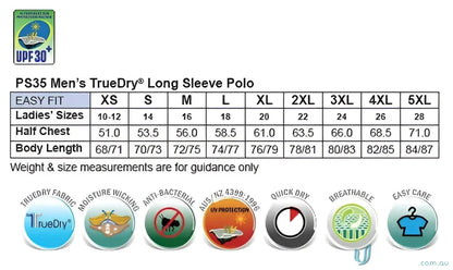 Men’s long sleeve polo size chart for the Winning Spirit Victory TrueDry LS Polo with cotton backing