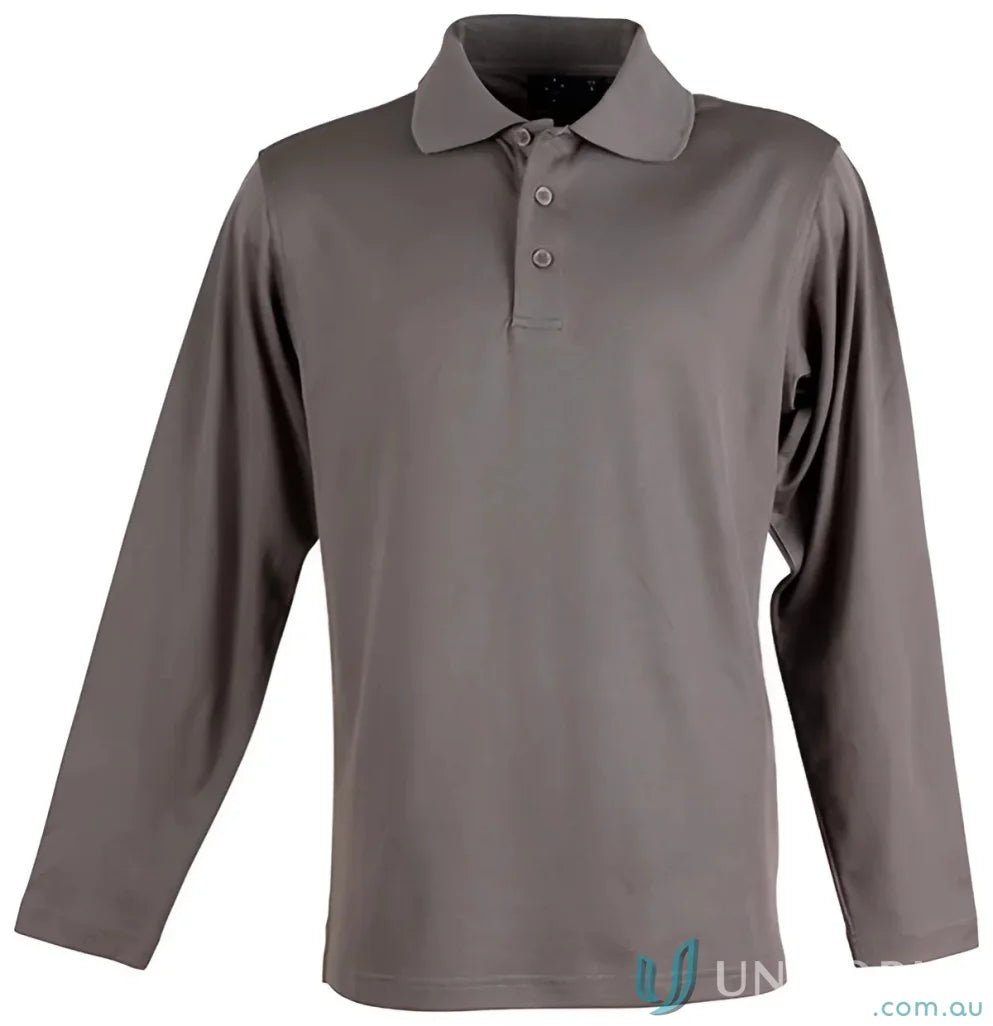 Gray long-sleeved polo from Winning Spirit Victory TrueDry LS Polo with cotton backing