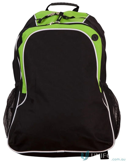 Black and green Winning Spirit Winner Backpack with organizer pockets and b5020 winner backpack logo
