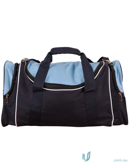 Black and blue duffel bag ideal as a winning spirit winner sports bag or travel bag