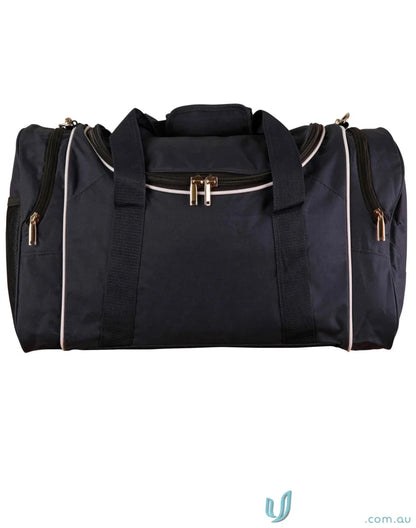 Black duffel bag with white trim for Winning Spirit Winner Sports Bag and travel needs