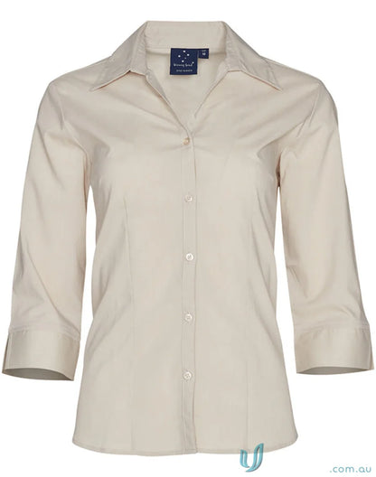 Beige Winning Spirit Womens Executive 3Q Shirt with button-down, ladies Teflon finish