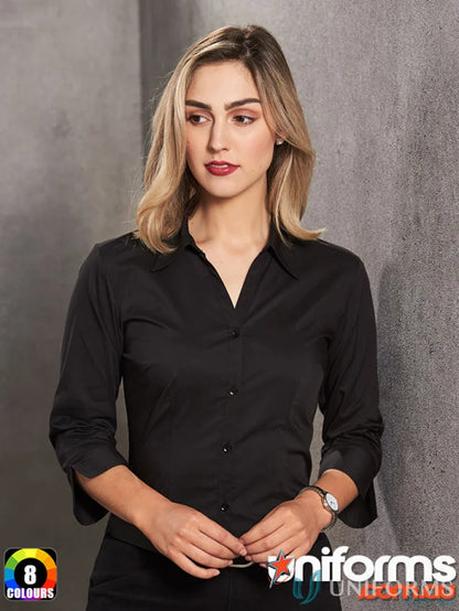 Black three-quarter sleeve button-down shirt from Winning Spirit Womens Executive 3Q Shirt collection