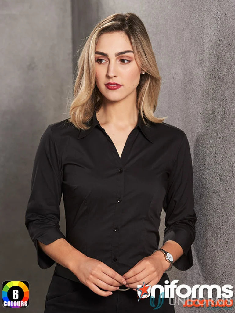 Black three-quarter sleeve button-down shirt from Winning Spirit Womens Executive 3Q Shirt collection