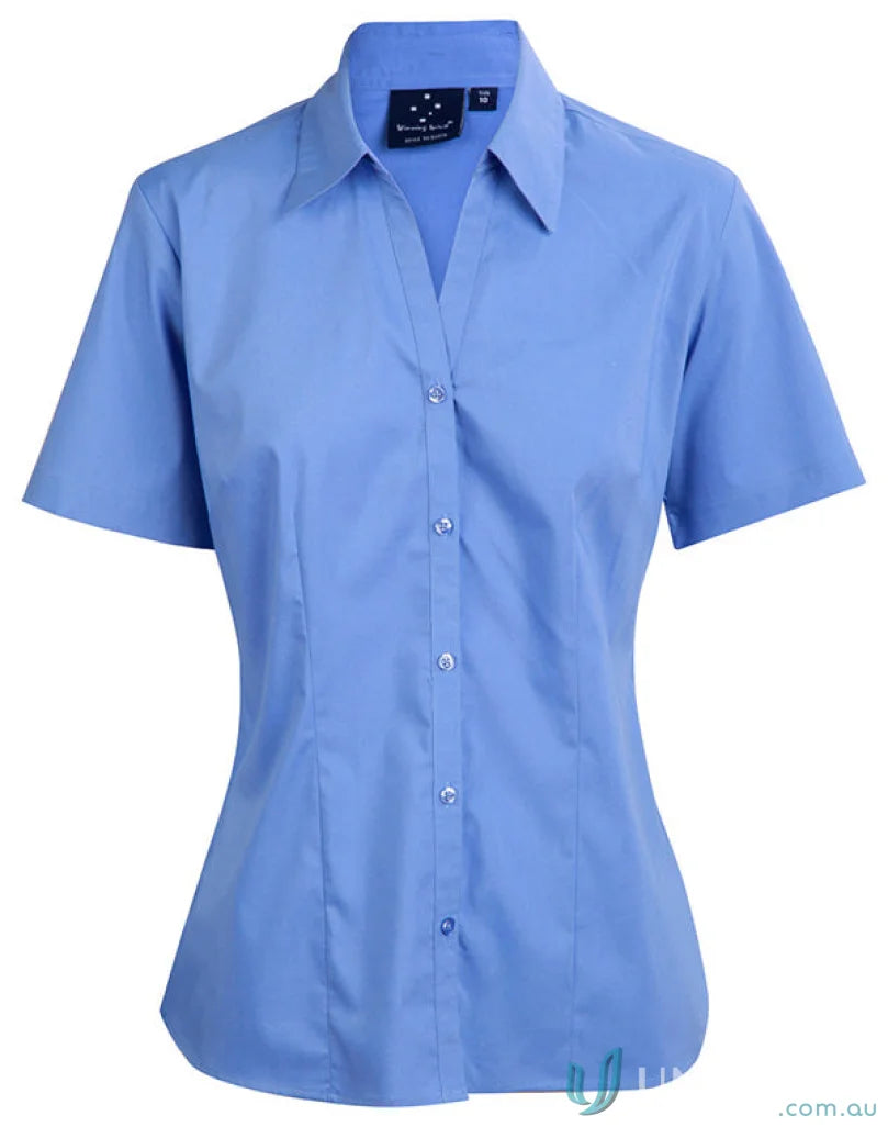 Blue short-sleeved Winning Spirit Womens Executive SS Shirt with BS07S Ladies Teflon finish