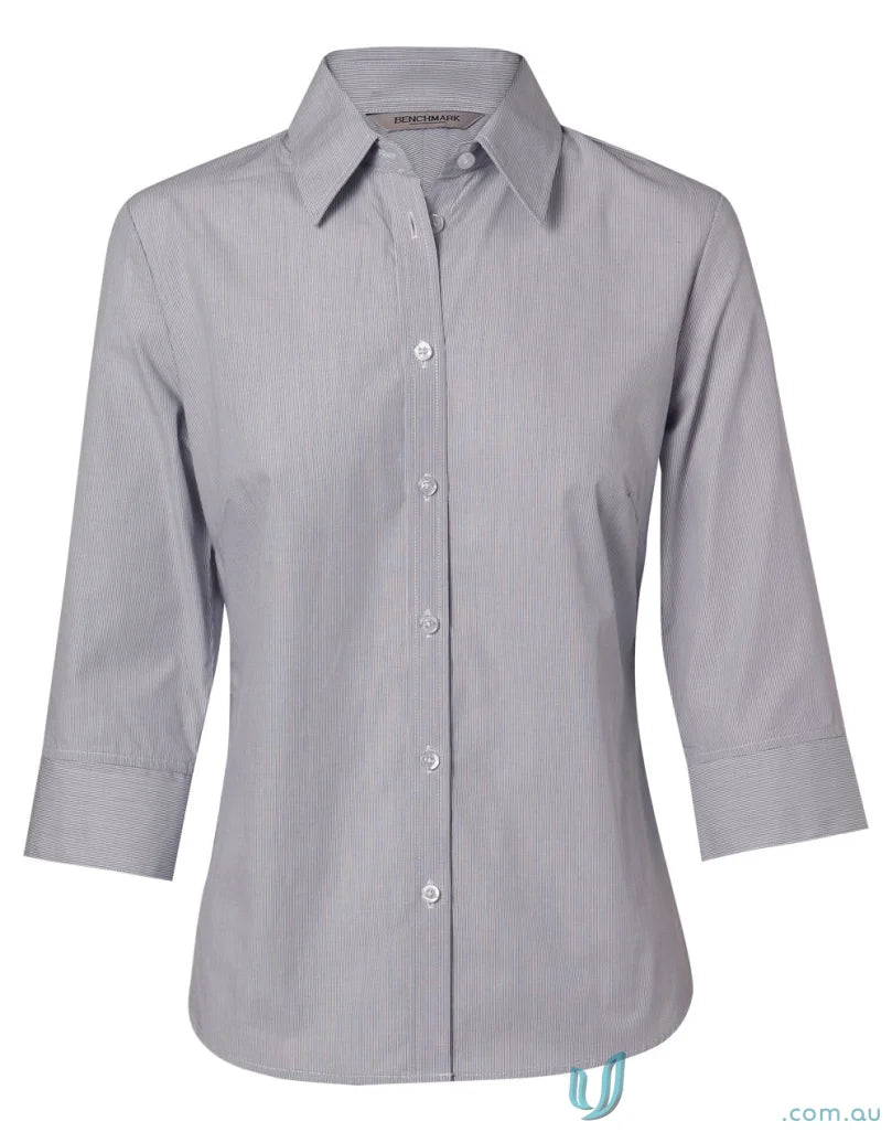 Gray striped women’s fine stripe Winning Spirit 3Qtr Shirt with buttons