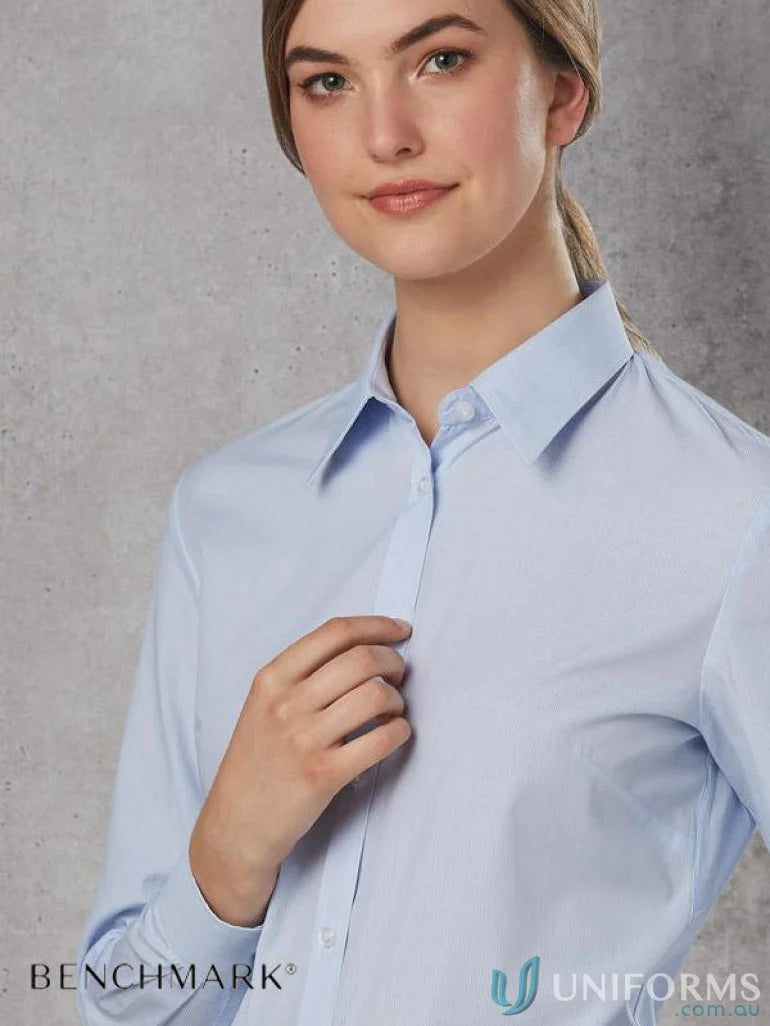 Light blue women’s fine stripe long sleeve shirt from Winning Spirit Womens Fine Stripe LS Shirt